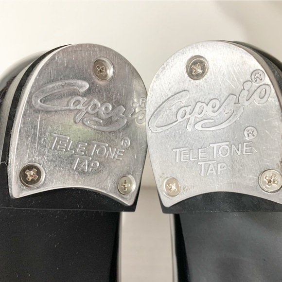 Capezio Tele Tone Tap Faux Patent Leather Tap Shoes Grosgrain Ribbon Trim Black - Picture 8 of 9